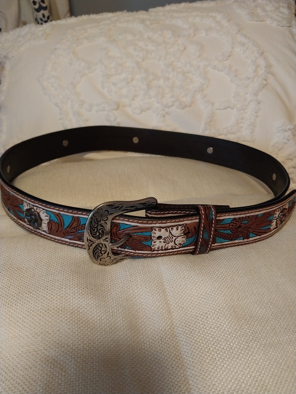Women's Tooled Leather Western Belt with Turquoise Accents